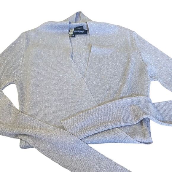 Karen Kane Metallic silver knit top, faux crisscross front closure size med - Picture 5 of 7
